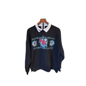 Vtg‎ 90s Morning Sun Holiday Cottagecore Floral Sweatshirt Black Double Collar L